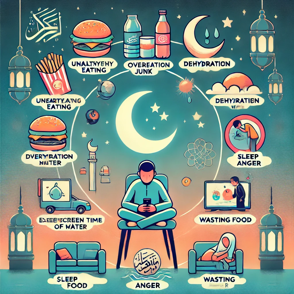 العادات التي يجب تركها في رمضان DALL·E 2025 03 15 01.44.28 A symbolic digital illustration representing bad habits to avoid during Ramadan. The image includes icons or visuals illustrating unhealthy eating ov