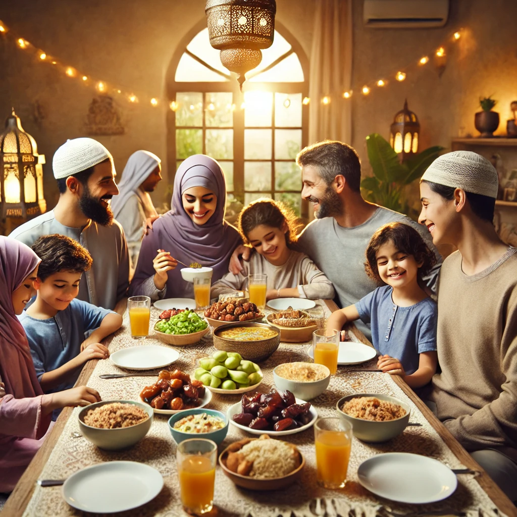 صلة الرحم في شهر رمضان: عبادة تقوي القلوب وتعزز الروابط الأسرية DALL·E 2025 03 16 04.04.31 A warm and inviting scene of a family gathered around a Ramadan iftar table sharing a meal together. The setting includes traditional Islamic decor