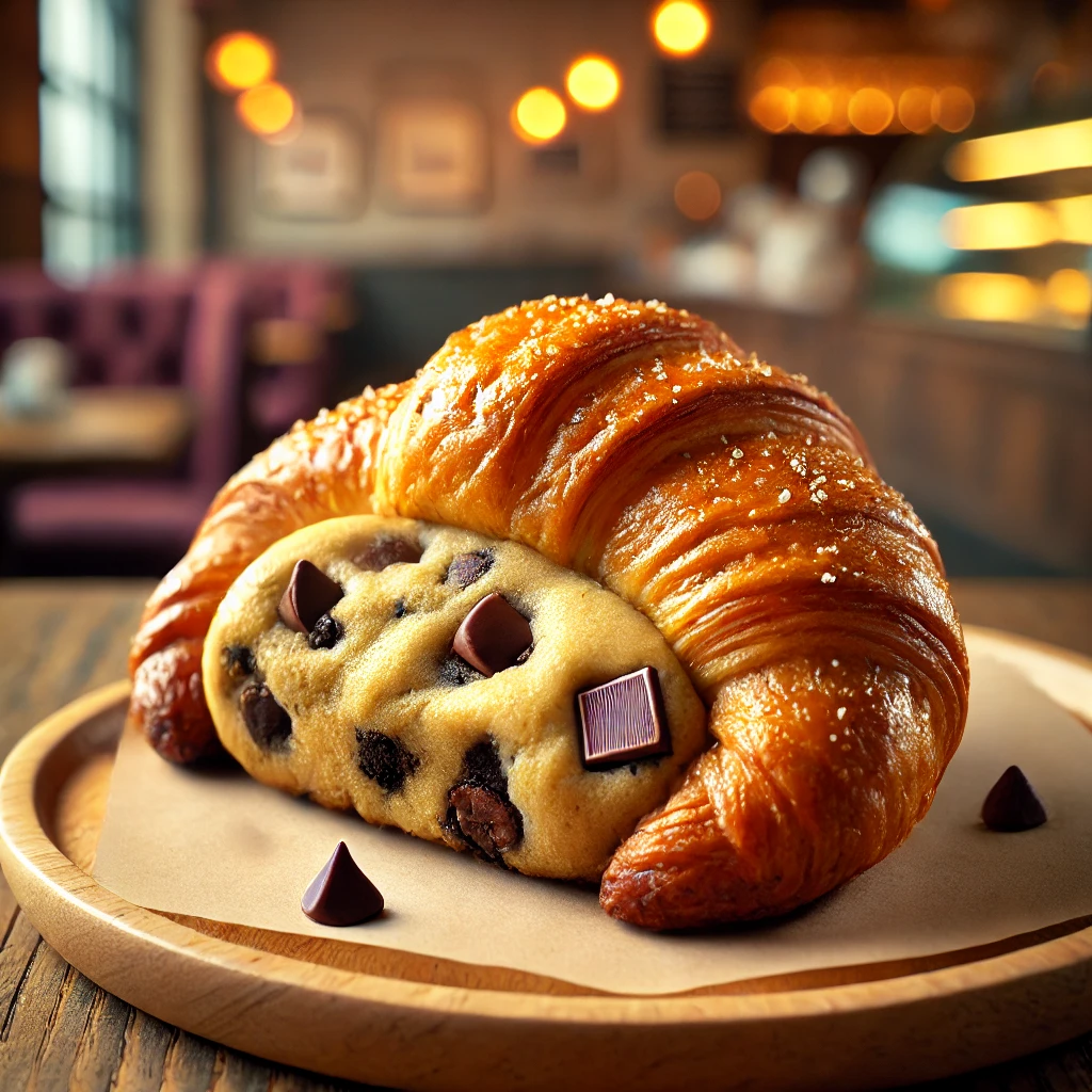 حلوى الكروكي: الابتكار الجديد في عالم الحلويات DALL·E 2025 03 16 18.16.38 A close up of a freshly baked Crookie Croissant Cookie hybrid on a wooden plate. The Crookie has a golden flaky croissant base with a thick gooe