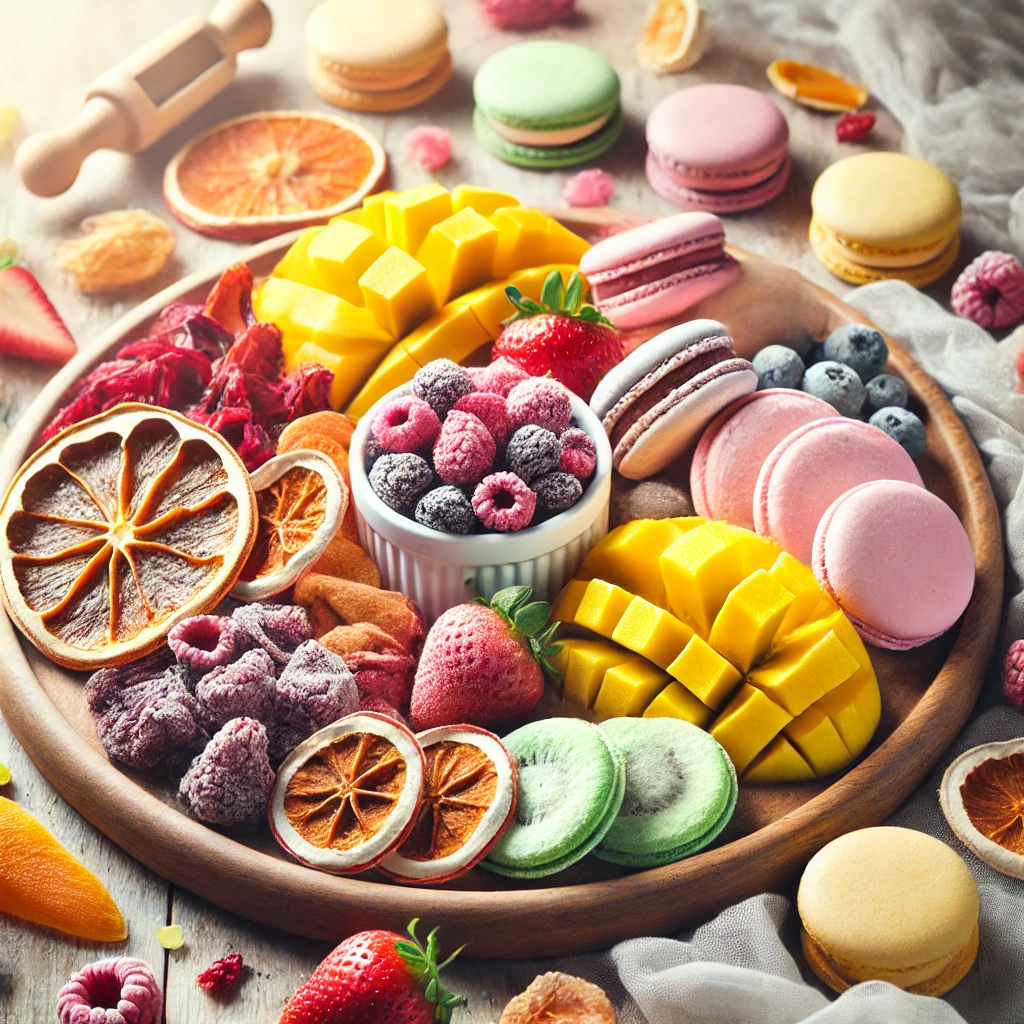 الحلويات المجففة بالتبريد: ثورة جديدة في عالم الحلويات DALL·E 2025 03 16 18.25.55 A variety of freeze dried desserts arranged on a wooden platter. The assortment includes freeze dried strawberries raspberries mango slices ice cre