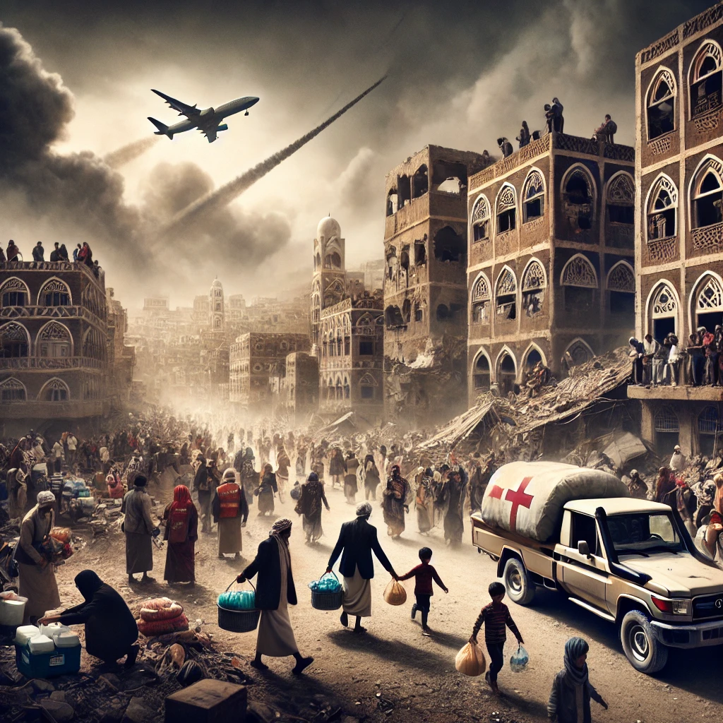 تطورات الأزمة اليمنية في عام 2025: المشهد السياسي والعسكري والإنساني DALL·E 2025 03 17 04.18.22 A dramatic image depicting the crisis in Yemen. The scene shows a war torn city with destroyed buildings displaced families walking with their belong
