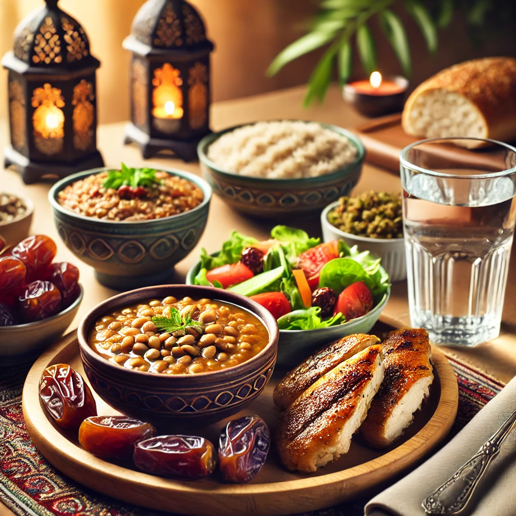 وجبتك الأولى بعد الصيام.. ماذا تأكل لتجنب التعب؟ DALL·E 2025 03 17 14.00.26 A beautifully arranged Iftar meal on a table featuring dates a glass of water a bowl of lentil soup a fresh salad grilled chicken and whole whea