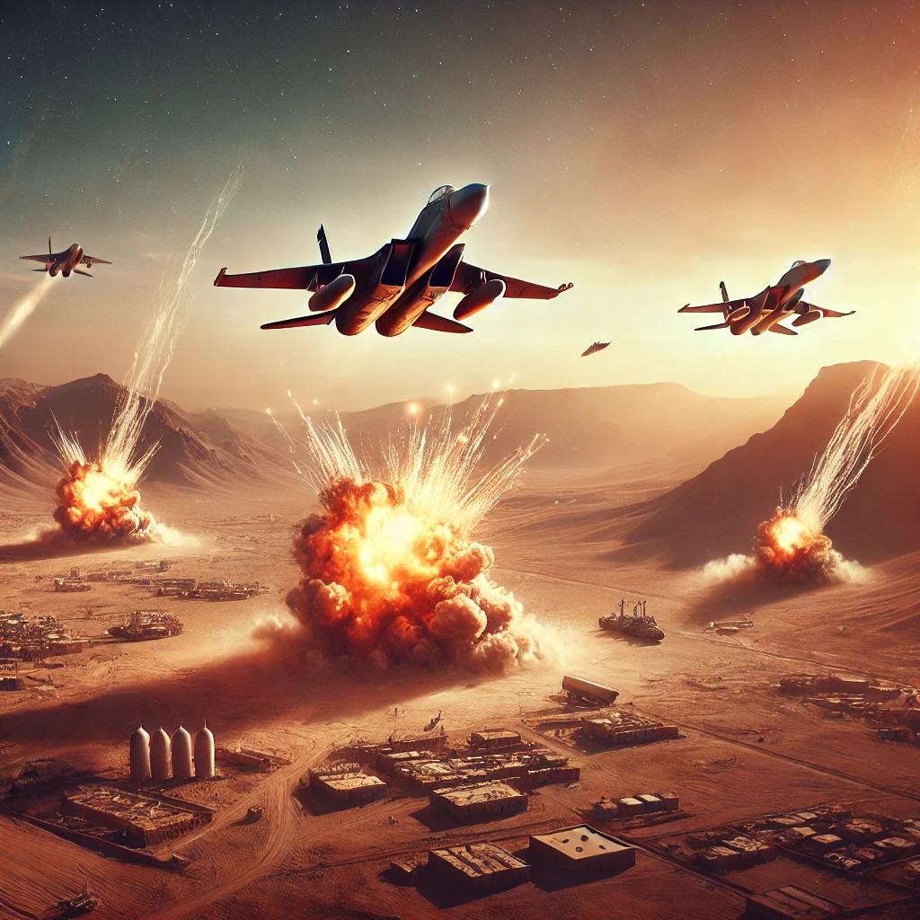 هل يخطط ترامب لتدخل بري في اليمن؟ DALL·E 2025 03 17 14.04.38 A realistic depiction of a military airstrike in Yemen showing fighter jets in the sky explosions on the ground and a desert landscape. The image c