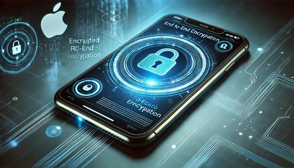 آبل تعلن دعم التشفير التام لرسائل RCS: خطوة جديدة نحو تعزيز الخصوصية DALL·E 2025 03 17 19.03.15 A futuristic digital communication concept featuring a smartphone with encrypted RCS messaging. The screen displays a secure chat interface with a loc