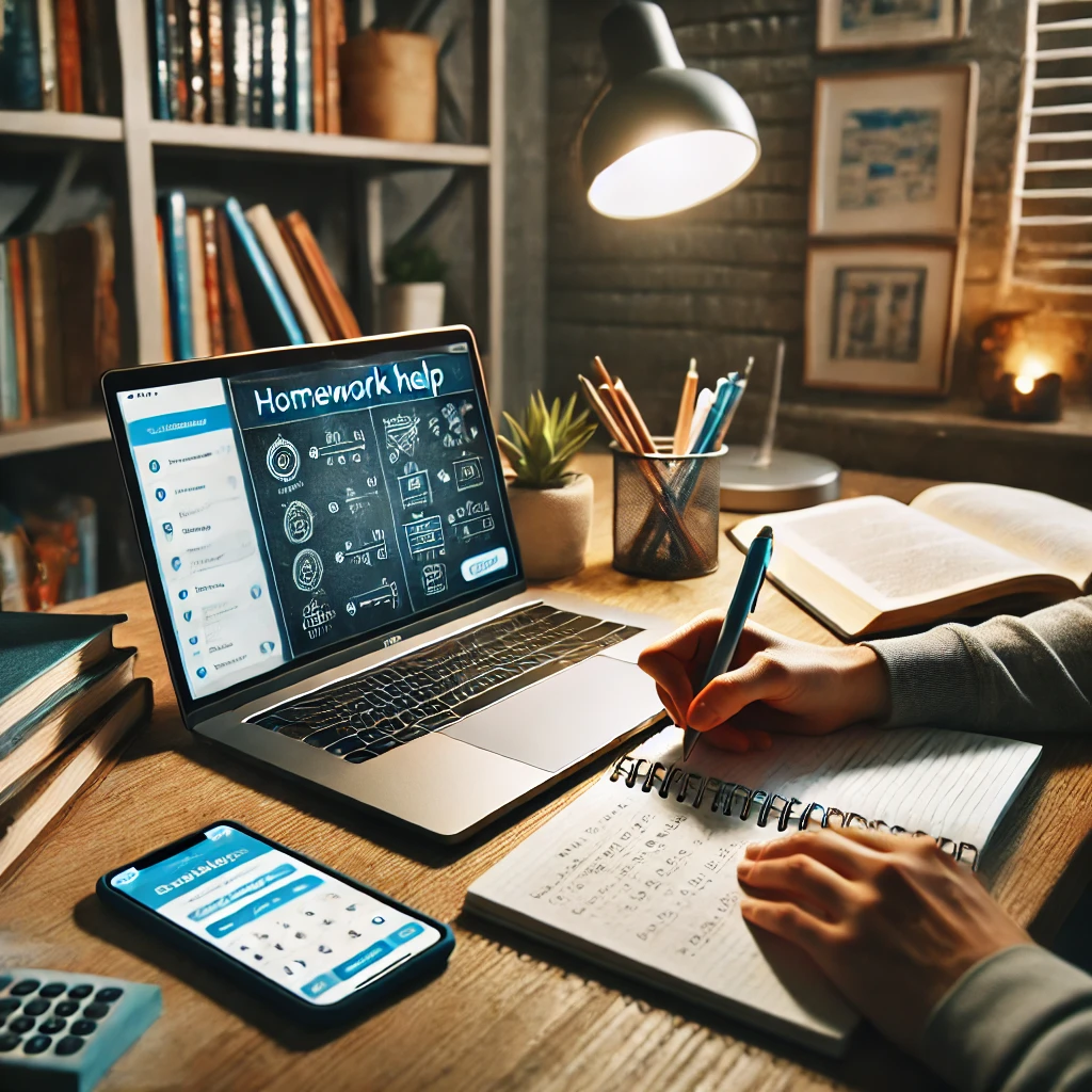 حلول الواجبات والأسئلة الدراسية DALL·E 2025 03 18 17.06.59 A modern study desk with a laptop open to an educational website a notebook with handwritten notes and a smartphone displaying a homework help app.