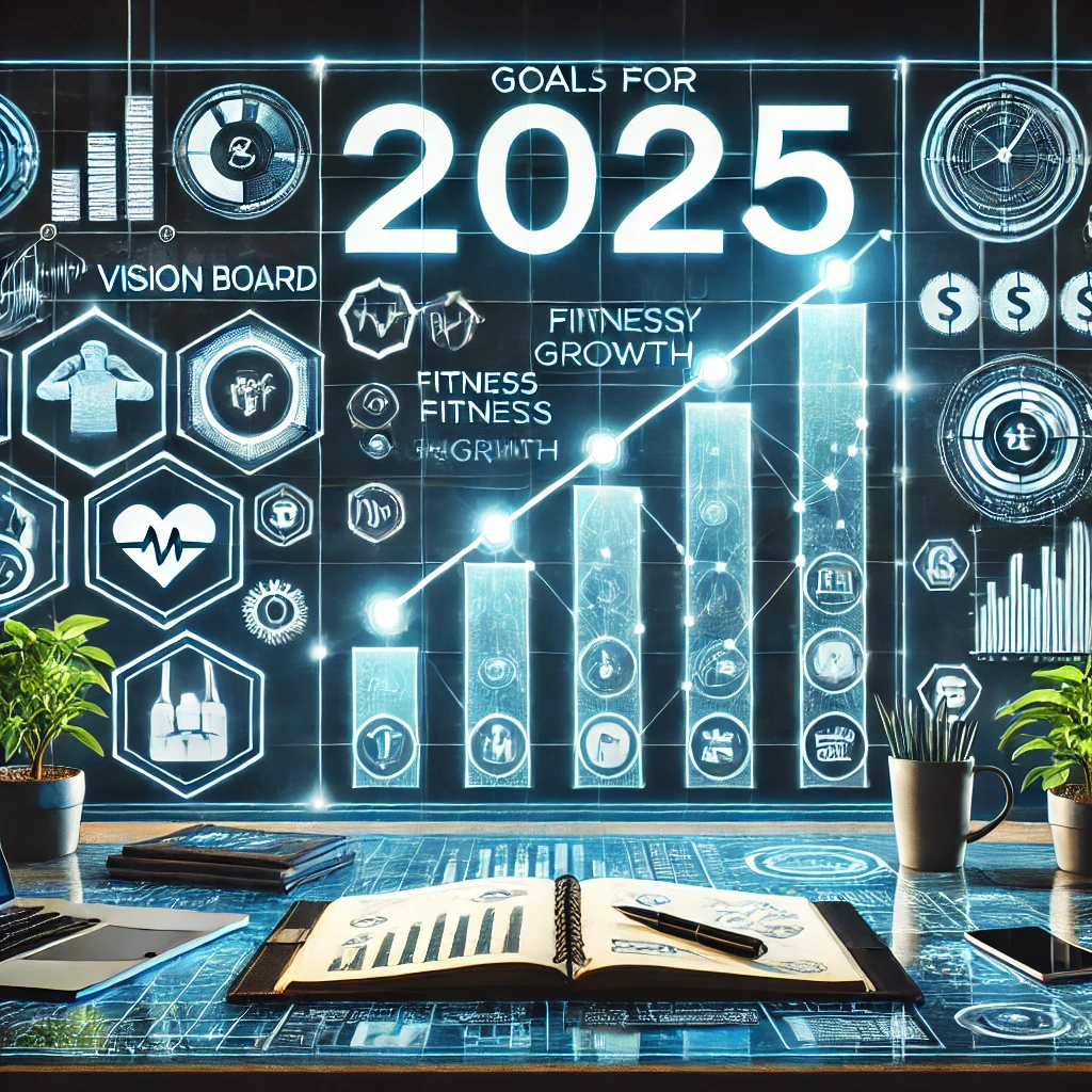 كيف تحقق أهدافك في 2025؟ a desk with a laptop and a book and plants